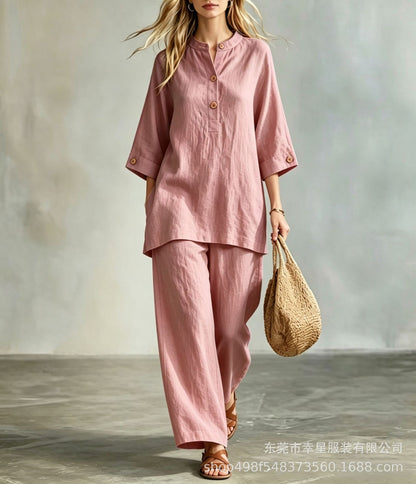 Women's Linen Look 2-Piece Lounge Set | Casual Half Sleeve Button Top & Wide Leg Pants Suit