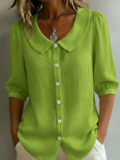 Casual Half-Sleeve Button-Down Shirt | Breathable Red Linen-Blend Blouse
