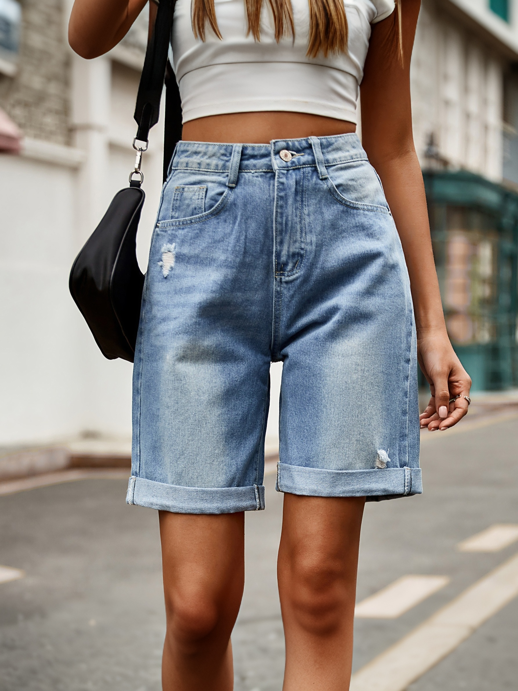 Women's Distressed Bermuda Denim Shorts | Mid-Thigh Loose Fit Washed Blue Jean Shorts with Rolled Cuffs