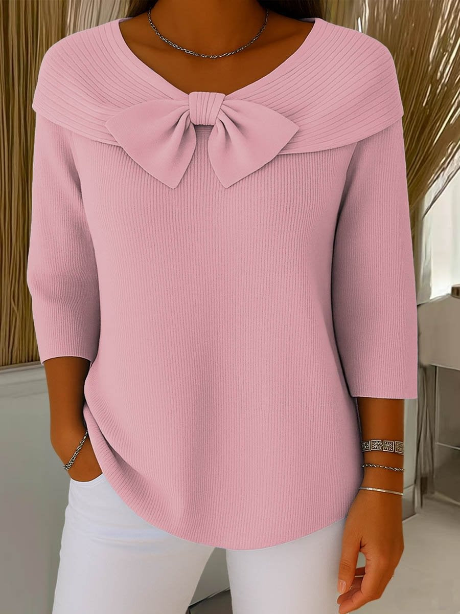 Women's Large Bow Off-the-Shoulder Knit Sweater | Casual Long Sleeve Ribbed Jumper Top