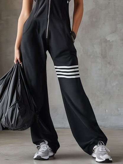 Combinaison à capuche sans manches noire rayée, style sportif rétro avec lacets