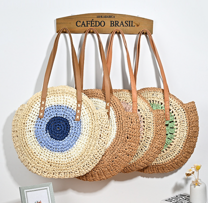 Bohemian Evil Eye Woven Straw Tote Bag - Large Capacity Retro Beach Shoulder Purse for Women