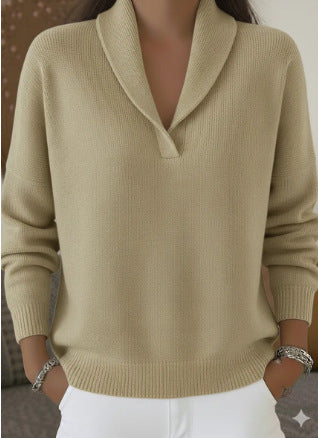 Women's Shawl Collar V-Neck Knit Sweater | Casual Solid Color Long Sleeve Pullover Top