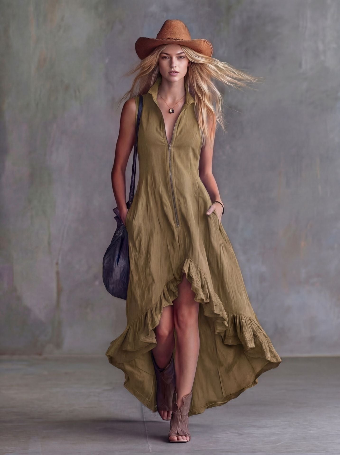 Women's High-Low Ruffle Maxi Dress - Zipper Front Collared Sleeveless Dress