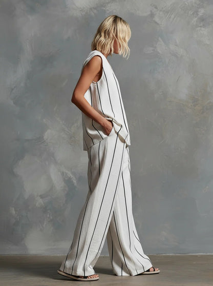 Women's Vertical Striped Linen 2-Piece Set | Casual V-Neck Sleeveless Top & Wide Leg Pants Suit