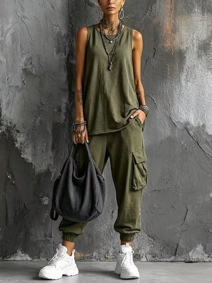 Women's Casual 2-Piece Lounge Set | Sleeveless Knit Tank Top & Cargo Capri Pants Suit