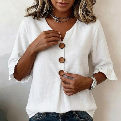 Casual 3/4 Sleeve Cotton Linen Shirt | Boho V-Neck Tunic with Wood Buttons