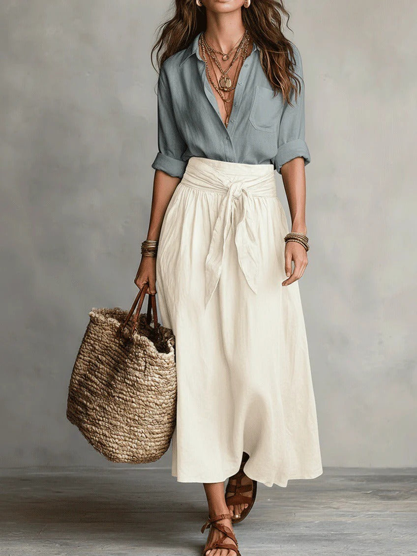 Elegant Colorblock 2-Piece Resort Set - Button-Down Shirt & High-Waist Tie-Wrap Maxi Skirt Set