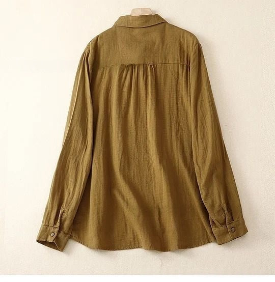 Vintage Pleated Lace Trim Cotton Linen Long Sleeve Blouse