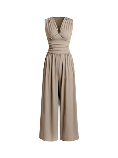 Chic Plunging V-Neck Sleeveless Jumpsuit - Elegant Ruched Waist Ribbed Knit Wide-Leg Romper for Women