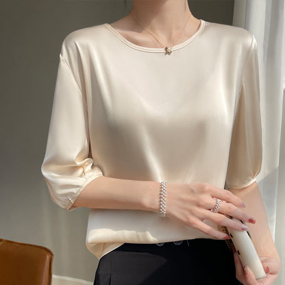 Luxury Acetate Silk-Satin Round Neck Blouse with Half Sleeves