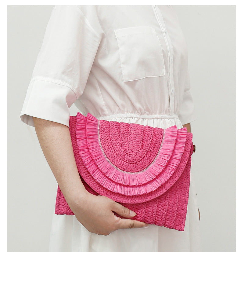 Bohemian Straw Envelope Clutch Bag - Vintage Woven Crossbody Purse with Tassels & Pom Poms for Women