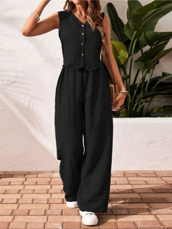 Ensemble deux pièces d'été PromiseGift | Gilet col V et pantalon palazzo taille haute vert sauge