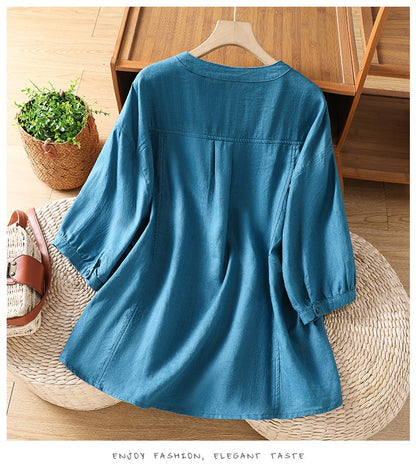 Casual Loose-Fit Half Sleeve Button-Down | Breathable Linen-Blend Top with Pocket