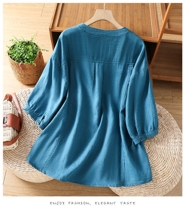 Casual Loose-Fit Half Sleeve Button-Down | Breathable Linen-Blend Top with Pocket