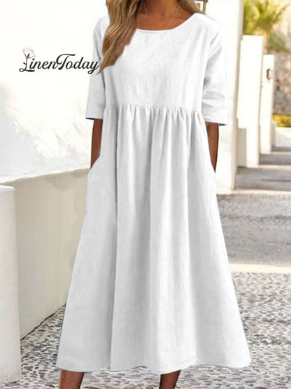 Robe décontractée ample en coton et lin de couleur unie avec manches 3/4