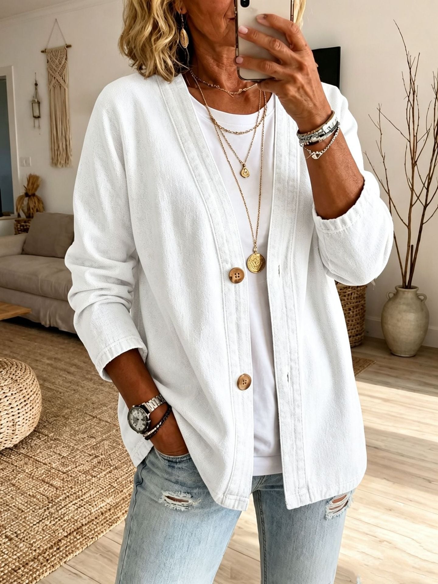 Women's Loose Casual V-Neck Denim Cardigan Jacket | Plus Size Long Sleeve Washed Blue Jean Coat Outwear