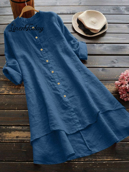 Women's Solid Color Loose Elegant Casual Cotton And Linen Shirt Dress