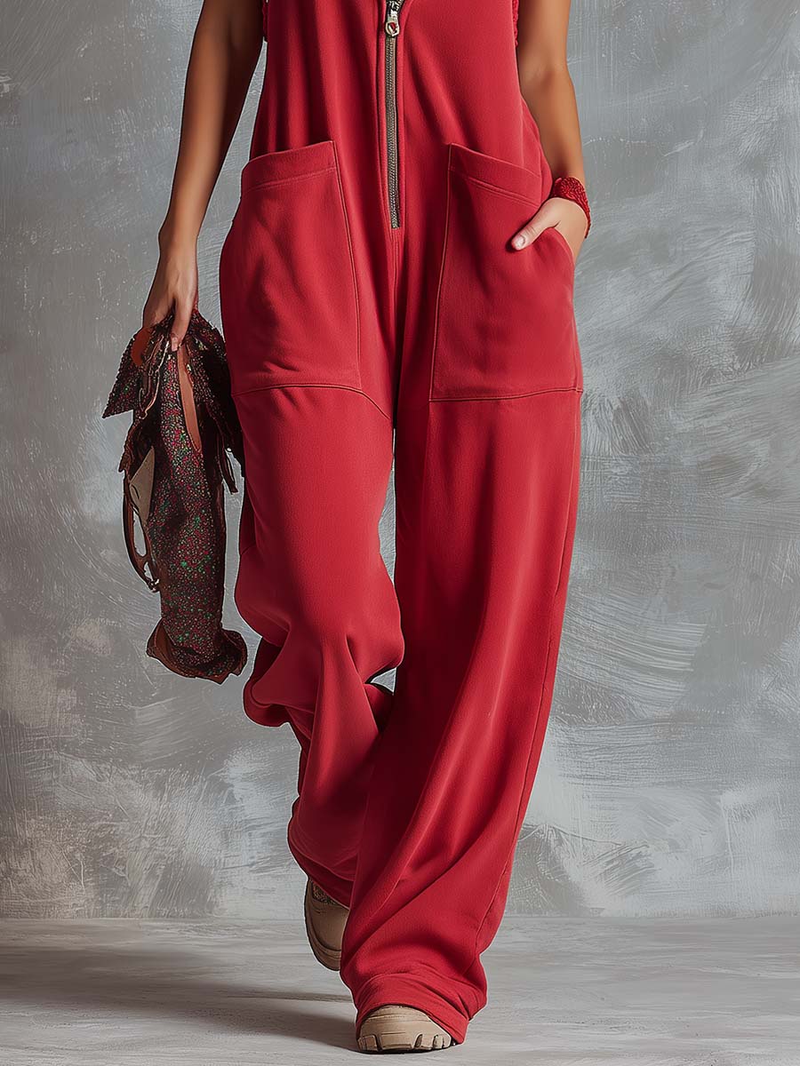 Combinaison en coton framboise à capuche et col en V zippée sur le devant, style rétro sport
