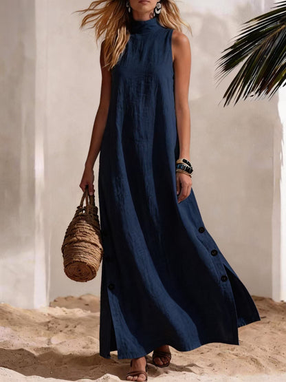 Sleeveless Mock Neck Summer Maxi | Breathable White Linen-Blend Dress with Side Slit