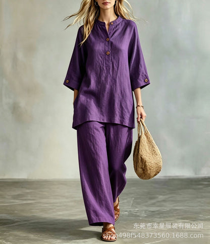 Women's Linen Look 2-Piece Lounge Set | Casual Half Sleeve Button Top & Wide Leg Pants Suit