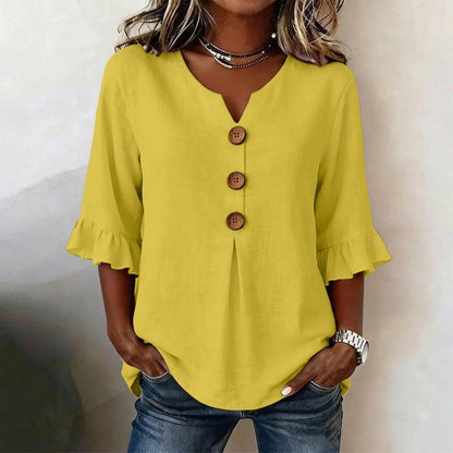 Casual 3/4 Sleeve Cotton Linen Shirt | Boho V-Neck Tunic with Wood Buttons