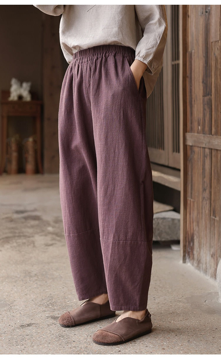 PromiseGift Retro Relaxed Fit Tapered Trousers | Sustainable Ramie Cotton Lantern Pants