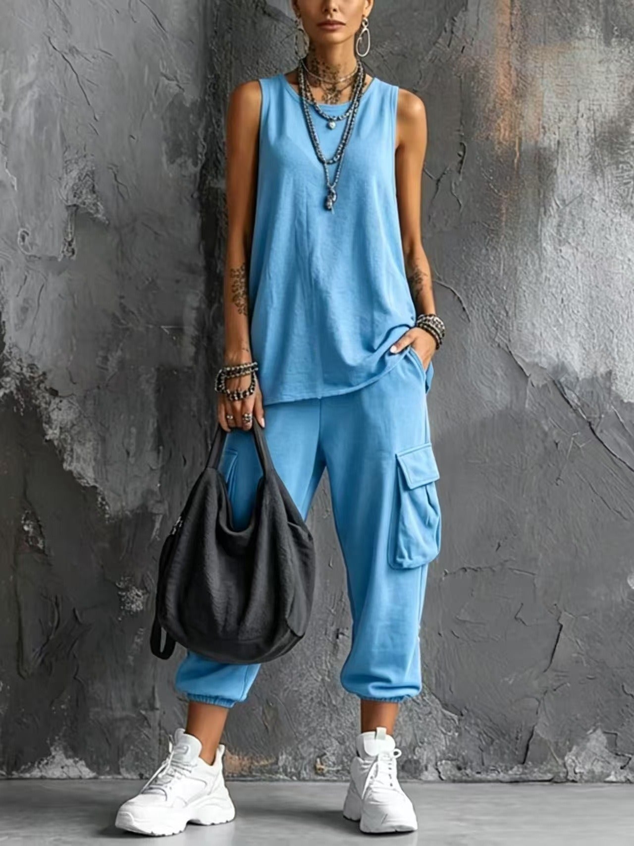 Women's Casual 2-Piece Lounge Set | Sleeveless Knit Tank Top & Cargo Capri Pants Suit