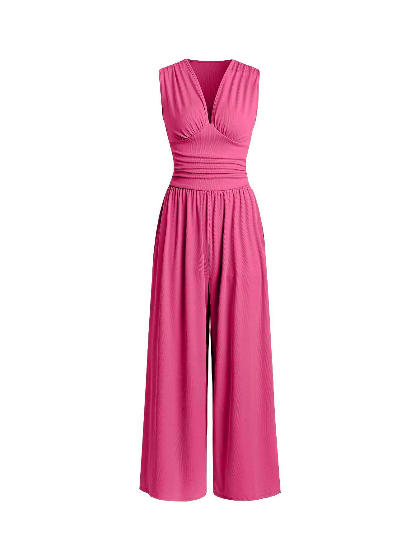Chic Plunging V-Neck Sleeveless Jumpsuit - Elegant Ruched Waist Ribbed Knit Wide-Leg Romper for Women