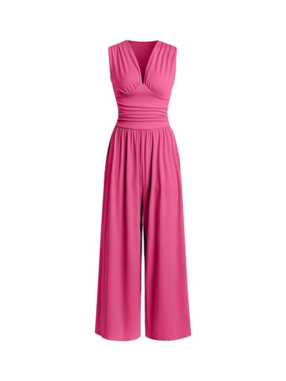 Chic Plunging V-Neck Sleeveless Jumpsuit - Elegant Ruched Waist Ribbed Knit Wide-Leg Romper for Women