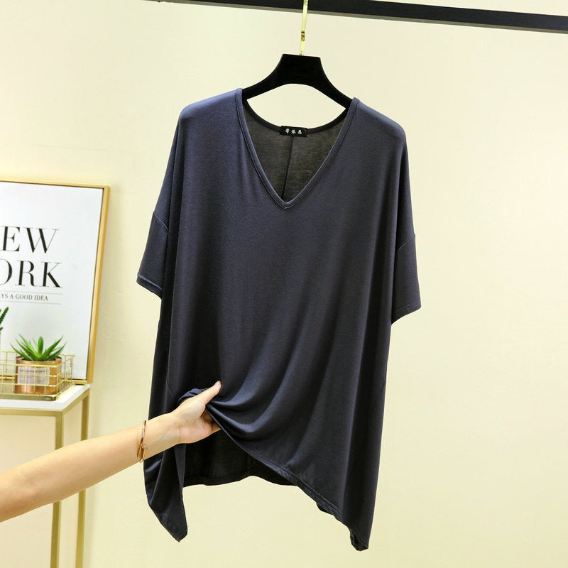 T-shirt ample en modal pour femme - Tunique décontractée à col en V profond