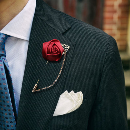 Handmade silk rose lapel pins with chain, men's wedding brooches pins, best man boutonnieres.