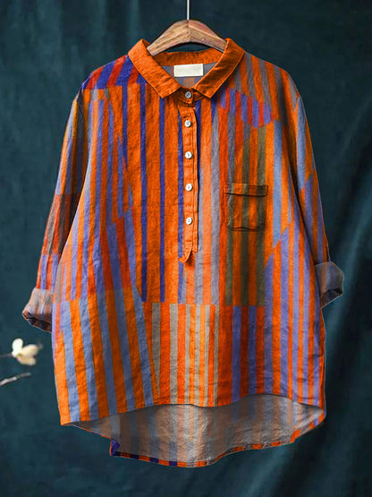 Women's Vintage Colorblock Striped Art Print Casual Cotton And Linen 3/4 Sleeve Shirt