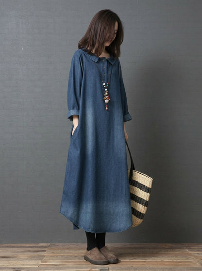 Vintage Washed Denim Polo Dress for Women - Chic Long Sleeve Button Pullover Gown