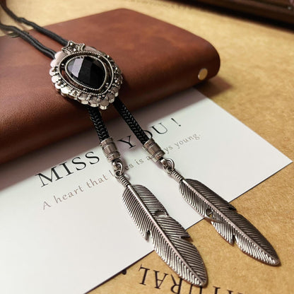 Retro teardrop-shaped obsidian bolo ties, Western cowboy bolo tie