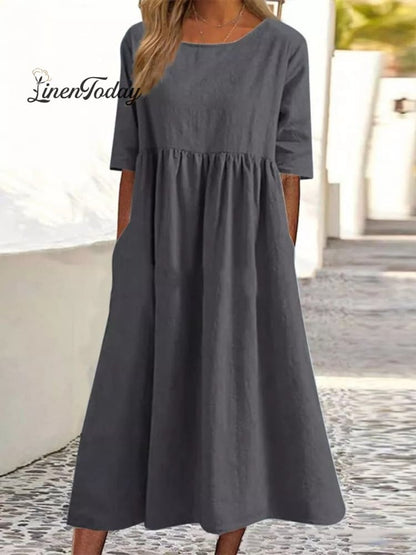 Robe décontractée ample en coton et lin de couleur unie avec manches 3/4