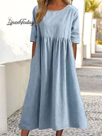 Robe décontractée ample en coton et lin de couleur unie avec manches 3/4