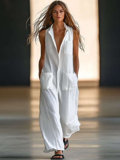 Casual Loose Retro White Breathable Linen Sleeveless Wide Leg Pants Jumpsuit