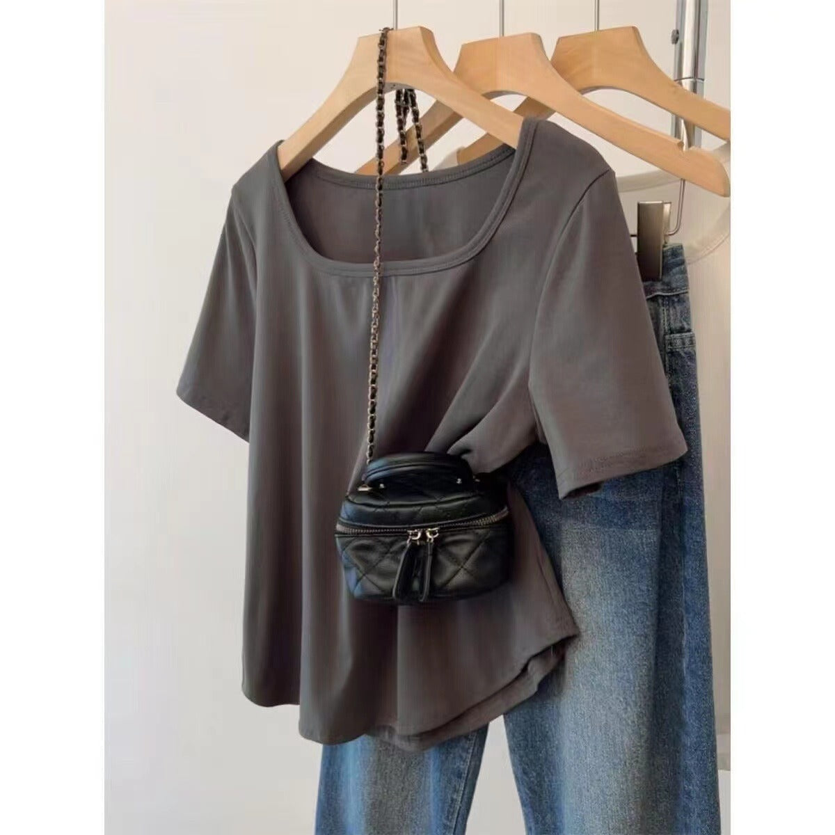 Casual Square Neck 100% Cotton T-Shirt - Relaxed Fit Slimming Short Sleeve Top Plus Size
