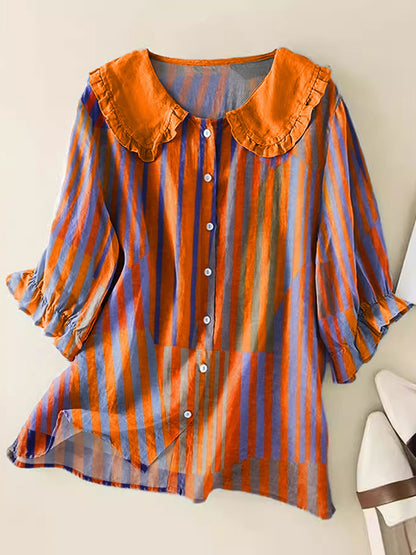 Women's Vintage Colorblock Striped Art Print Casual Cotton And Linen 3/4 Sleeve Shirt