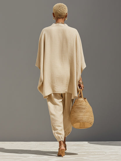Women's Linen Two Piece Outfits – Loose Oversized V-Neck Tunic Top and Jogger Pants Set, Summer Vacation Boho Co-ord Set