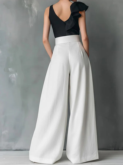 Women's High Waisted Wide Leg Pants - Elegant Pleated Flowy Palazzo Trousers
