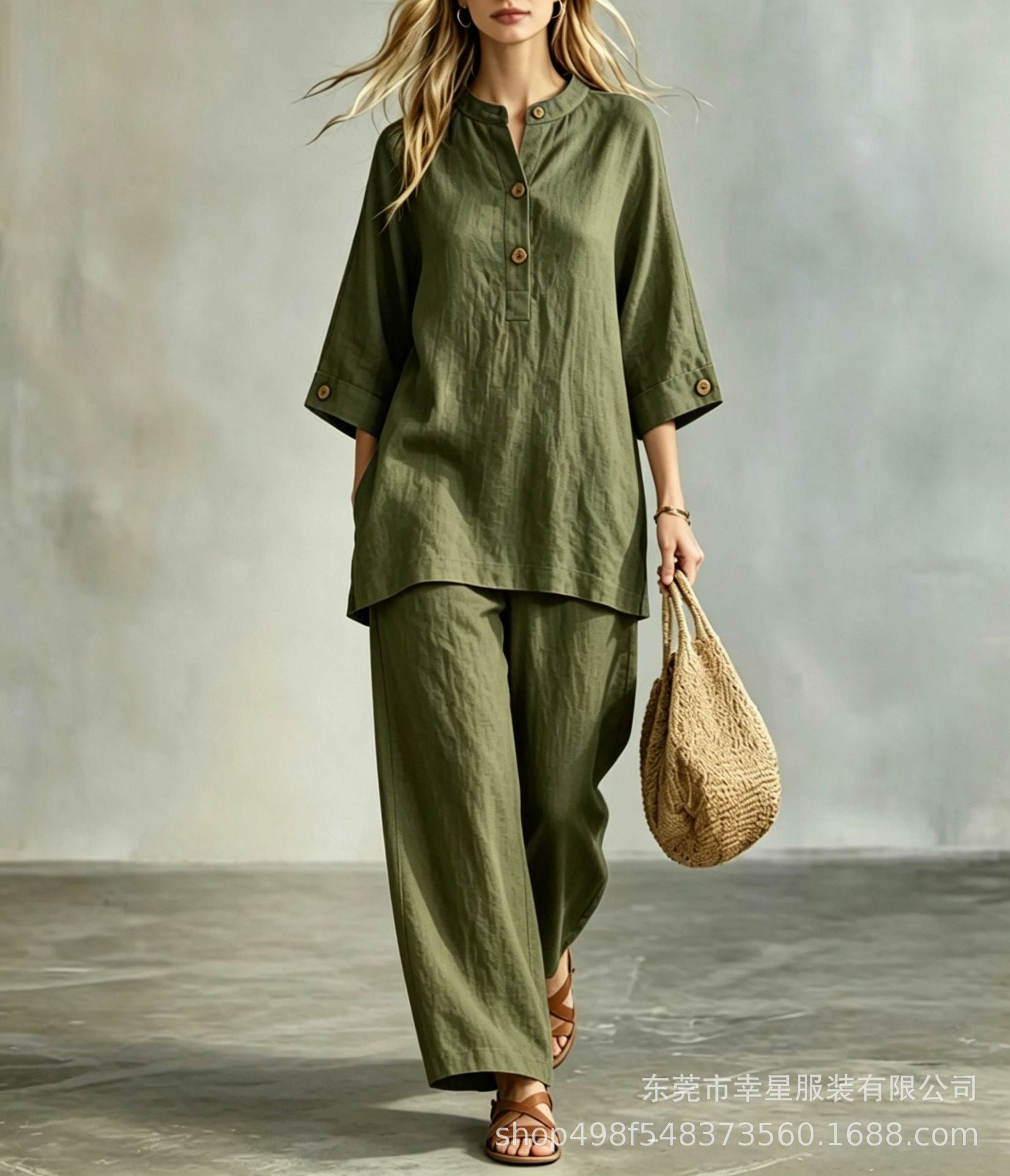 Women's Linen Look 2-Piece Lounge Set | Casual Half Sleeve Button Top & Wide Leg Pants Suit