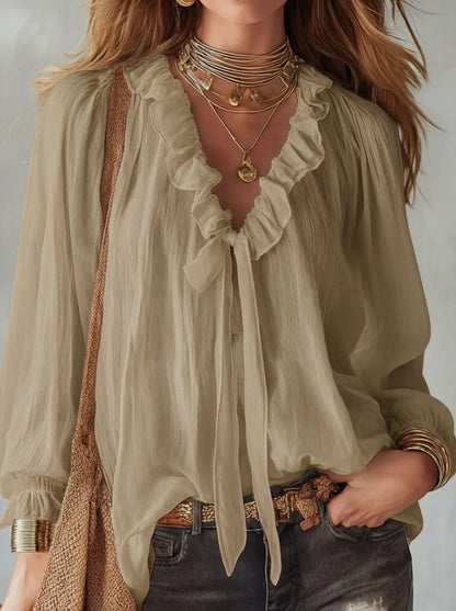 Loose Fit Smocked Peasant Top - Lightweight Long Sleeve Vacation Shirt