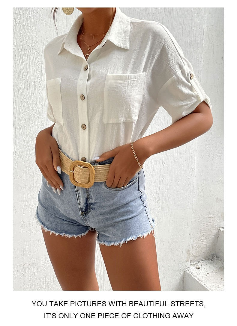 French Romance Ruffle Blouse - White V-Neck Linen-Blend Top