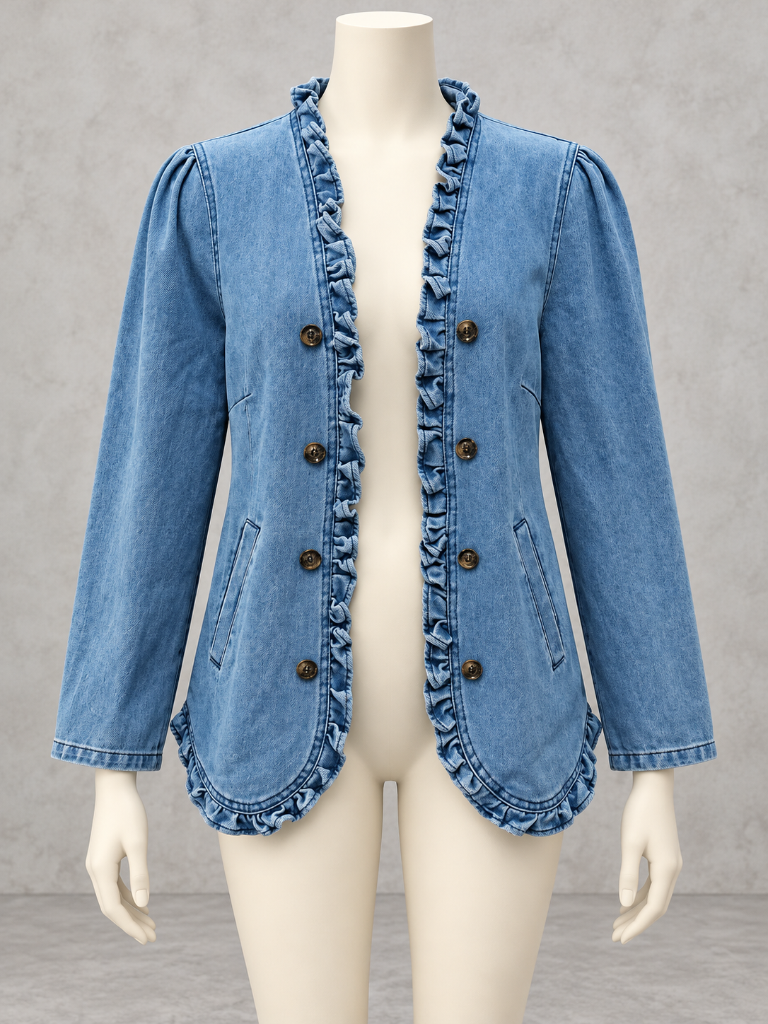 Women's Denim Ruffle-Trim Button-Front Long-Sleeve Washed Jacket