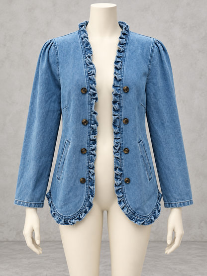 Women's Denim Ruffle-Trim Button-Front Long-Sleeve Washed Jacket