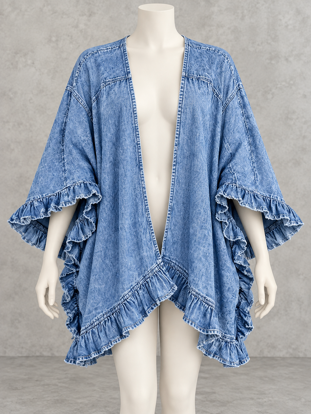 Women's Denim Ruffle-Trim Lace-Trim Washed Jacket