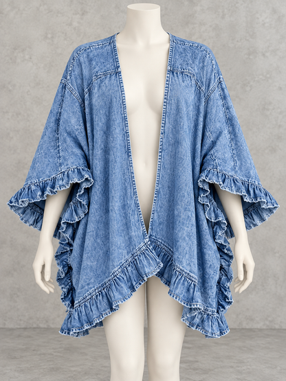 Women's Denim Ruffle-Trim Lace-Trim Washed Jacket
