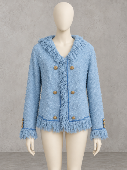 Tweed-Texture Fringe-Trim Cropped Blazer